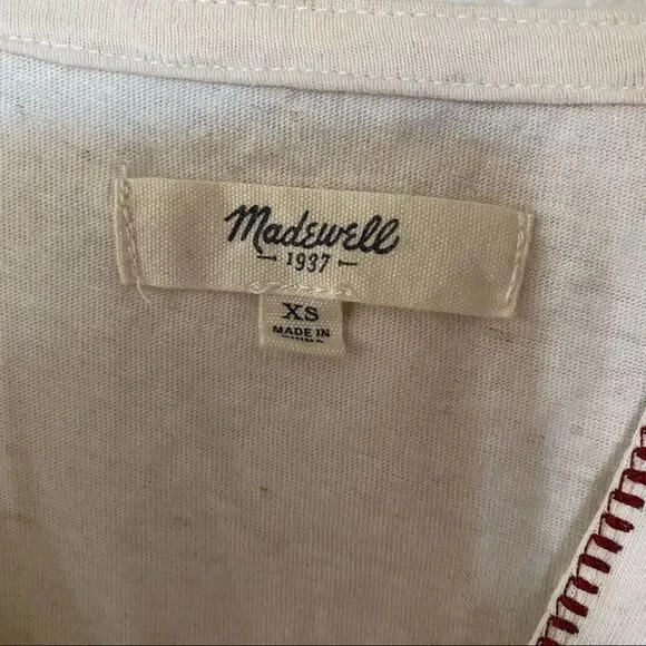 Madewell Embroidered Split Neck Top Ivory Red Cotton Linen XS - Picture 5 of 8